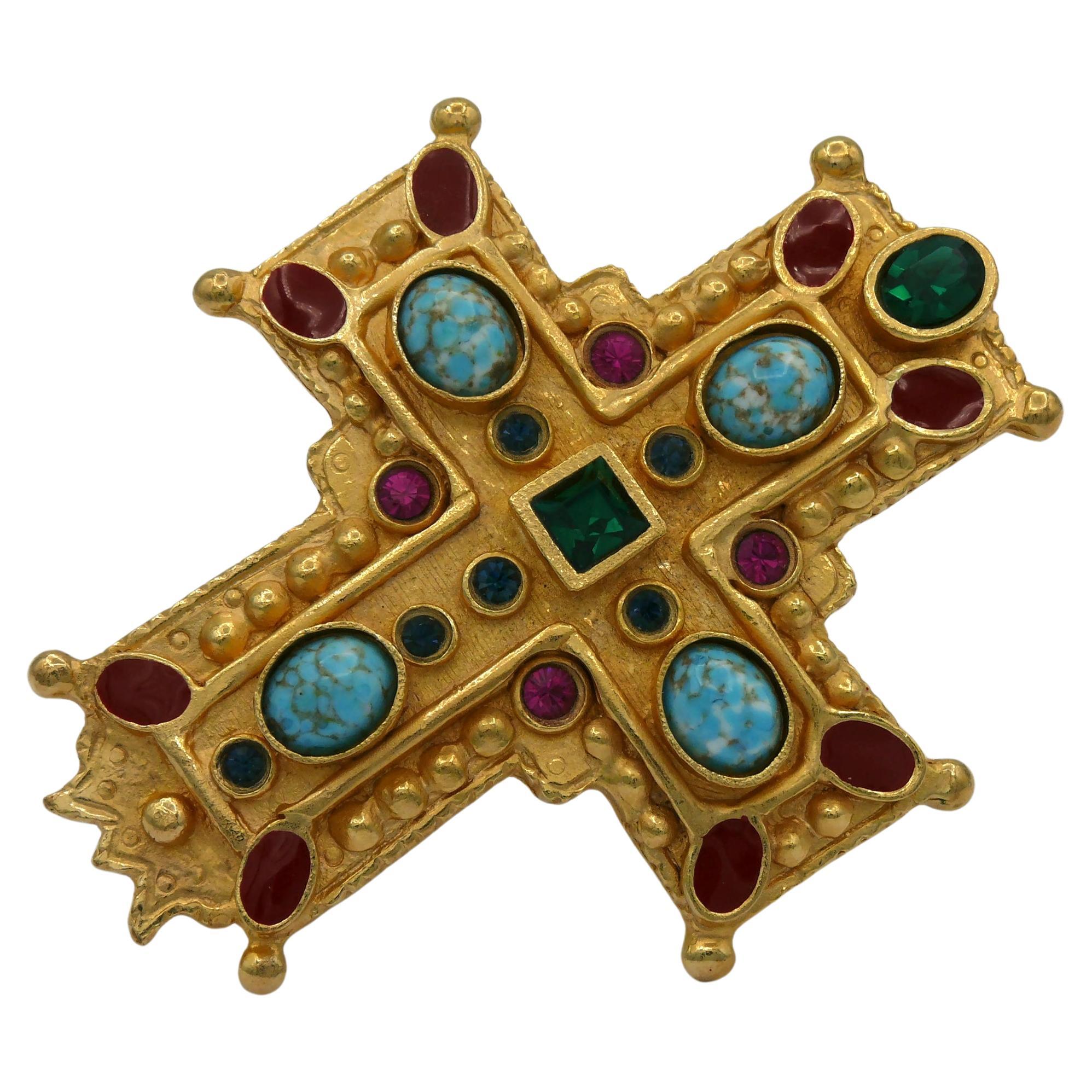 CHRISTIAN LACROIX Vintage Massive Jewelled Gold Tone Cross Brooch Pendant For Sale