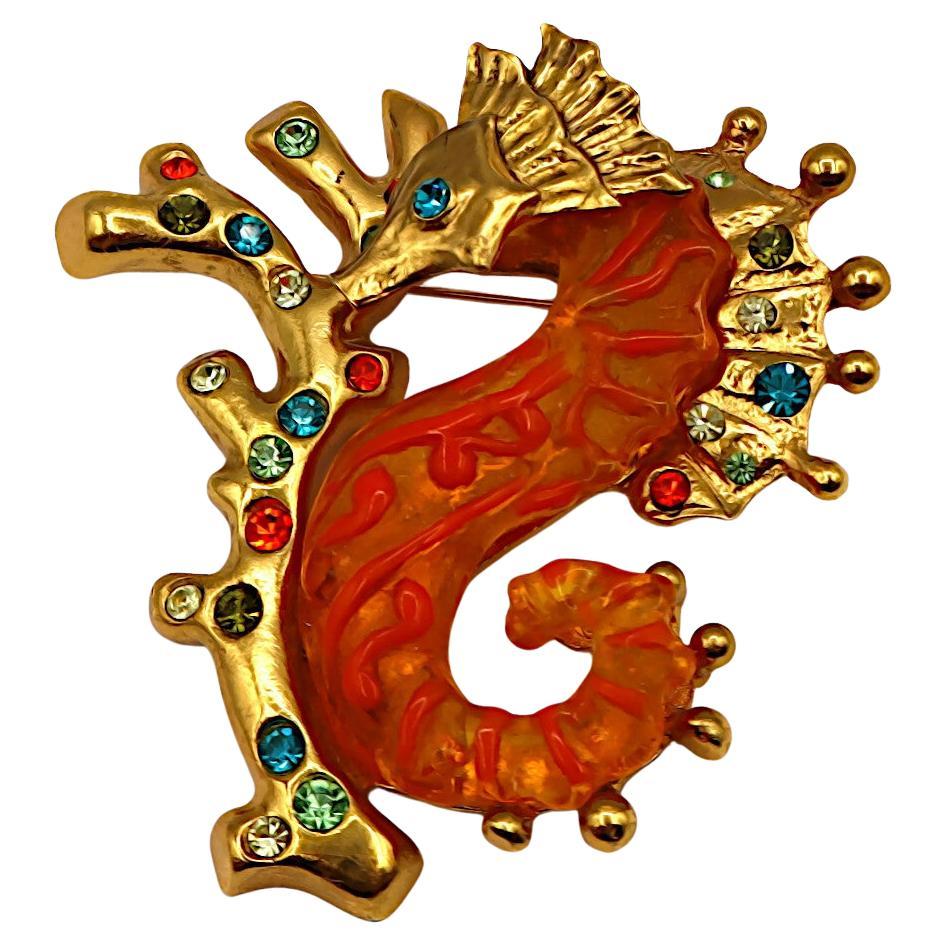 CHRISTIAN LACROIX Vintage Massive Jewelled Sea Horse Brooch For Sale