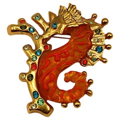 CHRISTIAN LACROIX Vintage Massive Jewelled Sea Horse Brooch