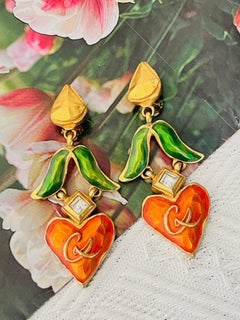 Christian Lacroix Vintage Massive Logo Orange Heart Green Leaf Crystal Earrings