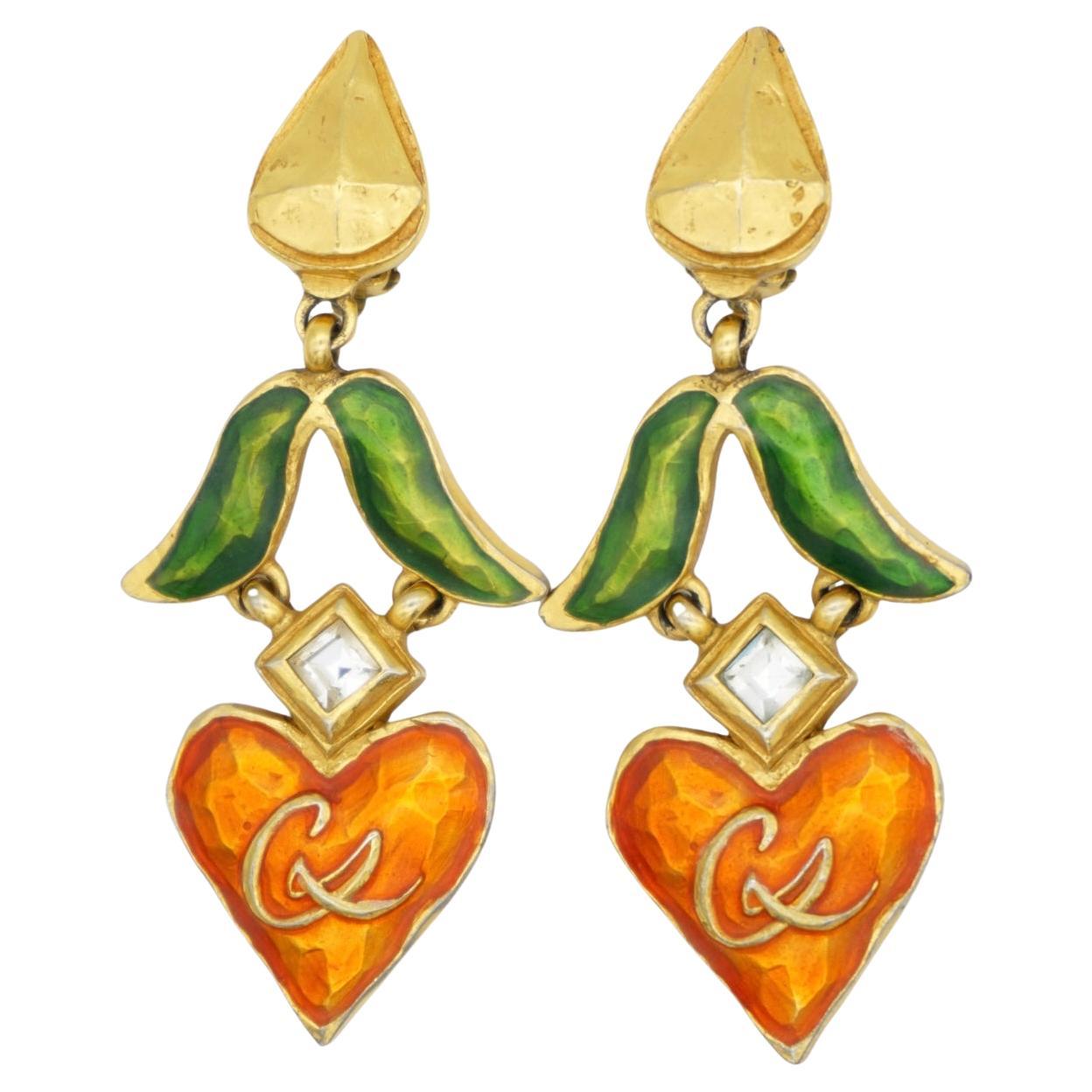 Christian Lacroix Vintage Massive Logo Orange Heart Green Leaf Crystal Earrings For Sale