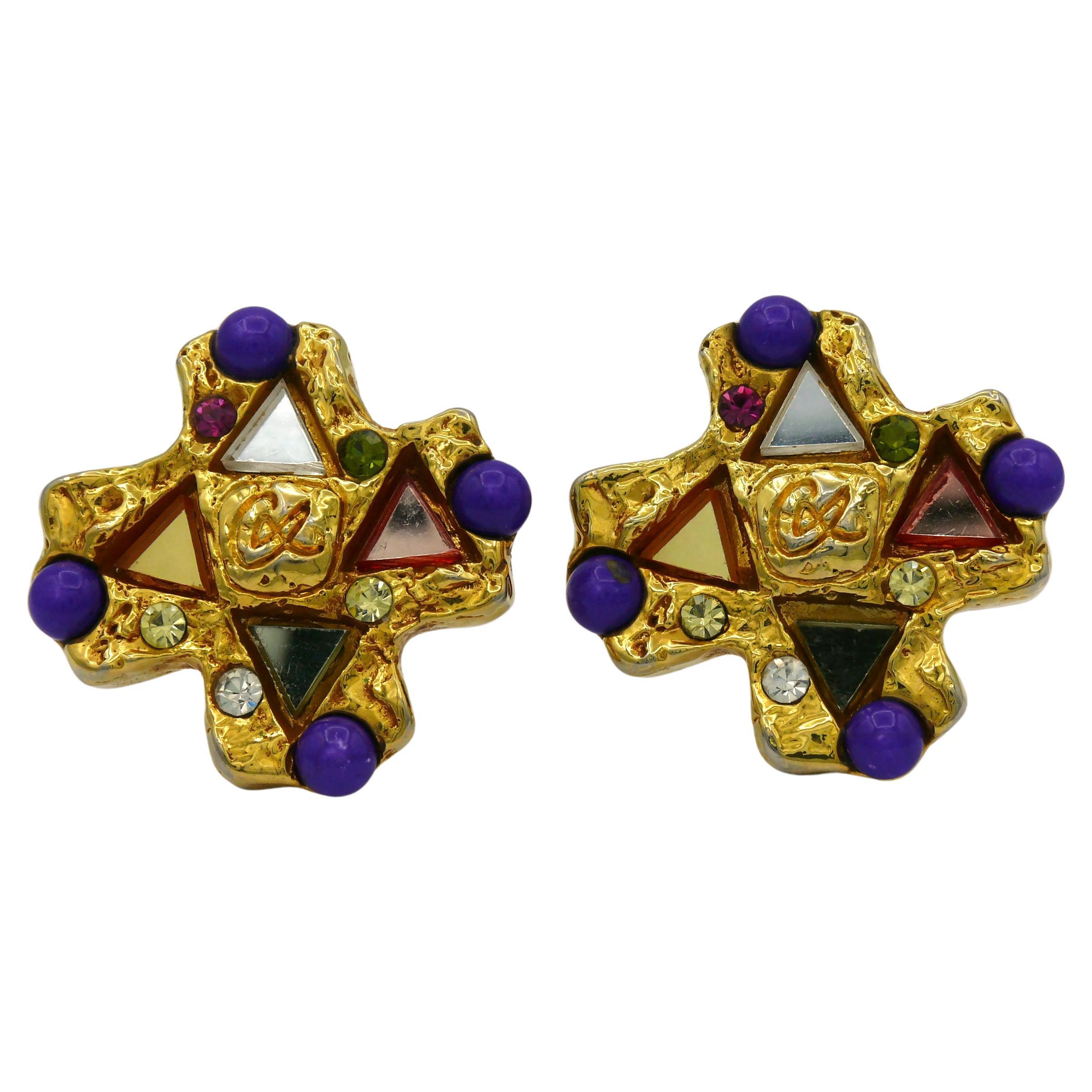 CHRISTIAN LACROIX Vintage Massive Mirrored Cross Clip-On Earrings For Sale