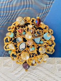 Christian Lacroix Vintage Massive Sea Blue Shell White Pearls Crystals Brooch