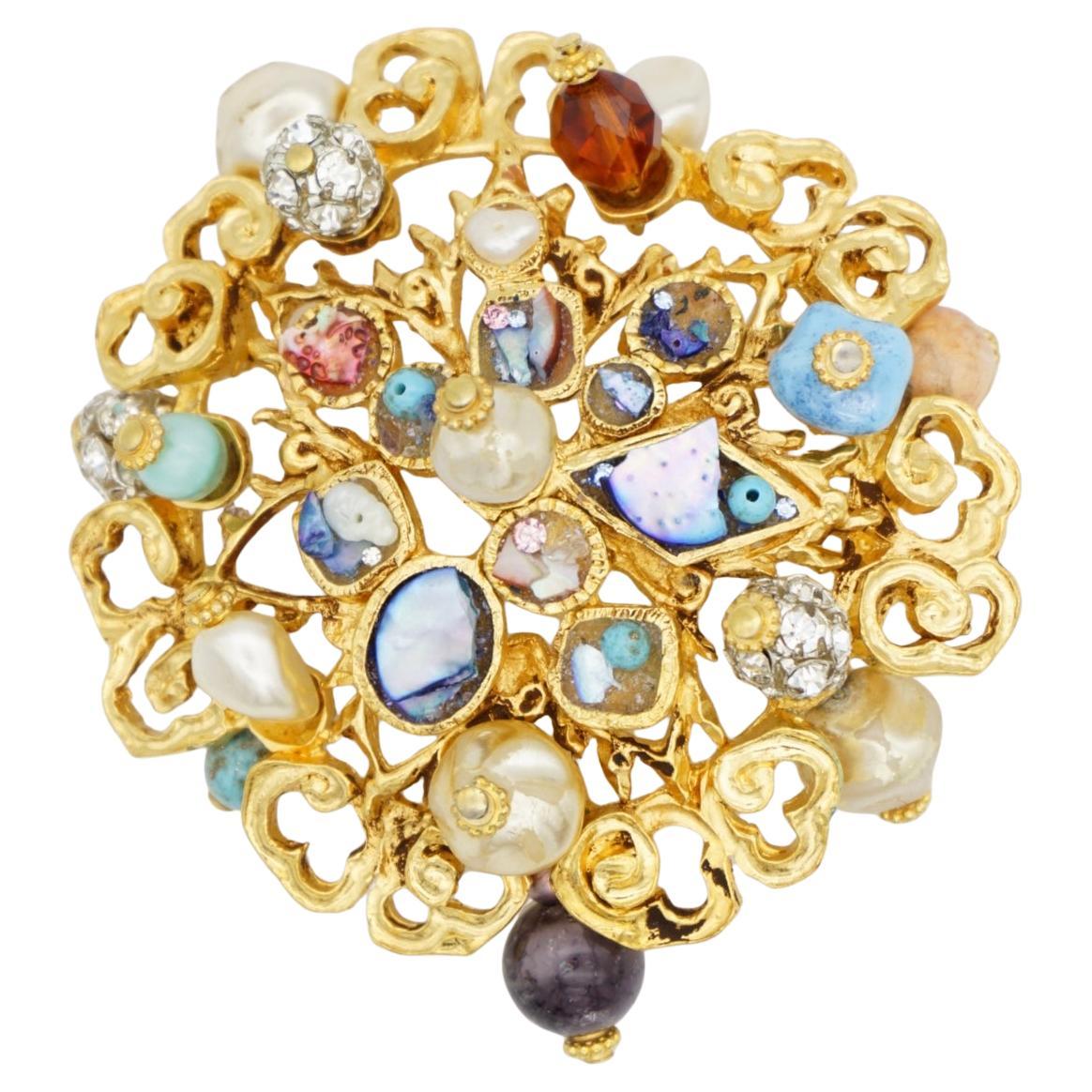 Christian Lacroix Vintage Massive Sea Blue Shell White Pearls Crystals Brooch in vendita