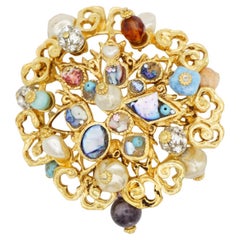 Christian Lacroix Vintage Massive Sea Blue Shell White Pearls Crystals Brooch