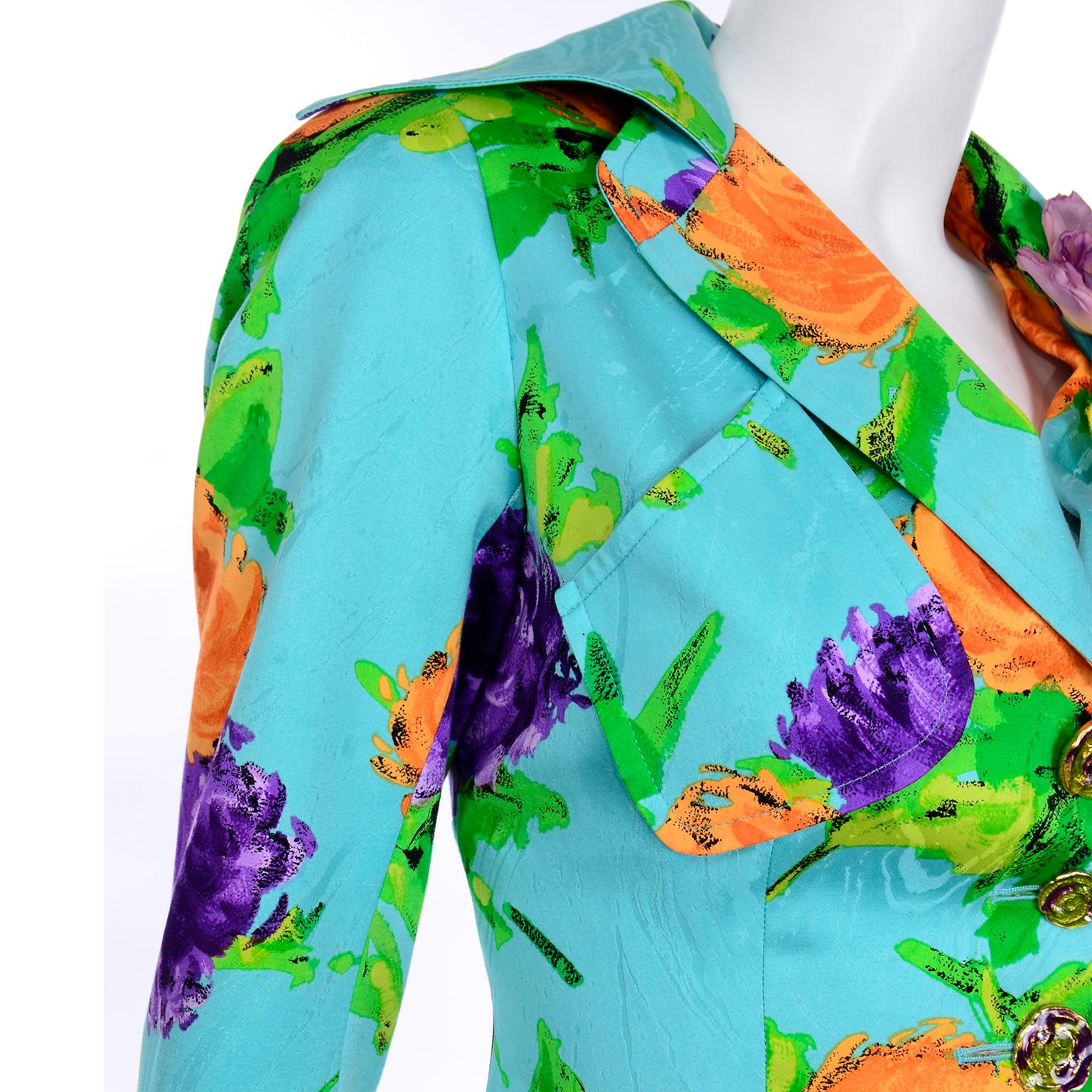 Christian Lacroix Vintage Mini Skirt Jacket Suit Colorful Turquoise Floral Print For Sale 2