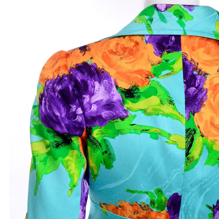 Christian Lacroix Vintage Mini Skirt Jacket Suit Colorful Turquoise Floral Print For Sale 7