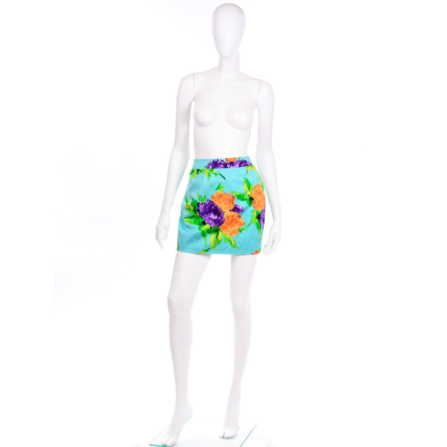 Christian Lacroix - Tailleur mini-jupe vintage avec imprimé floral turquoise coloré en vente 8