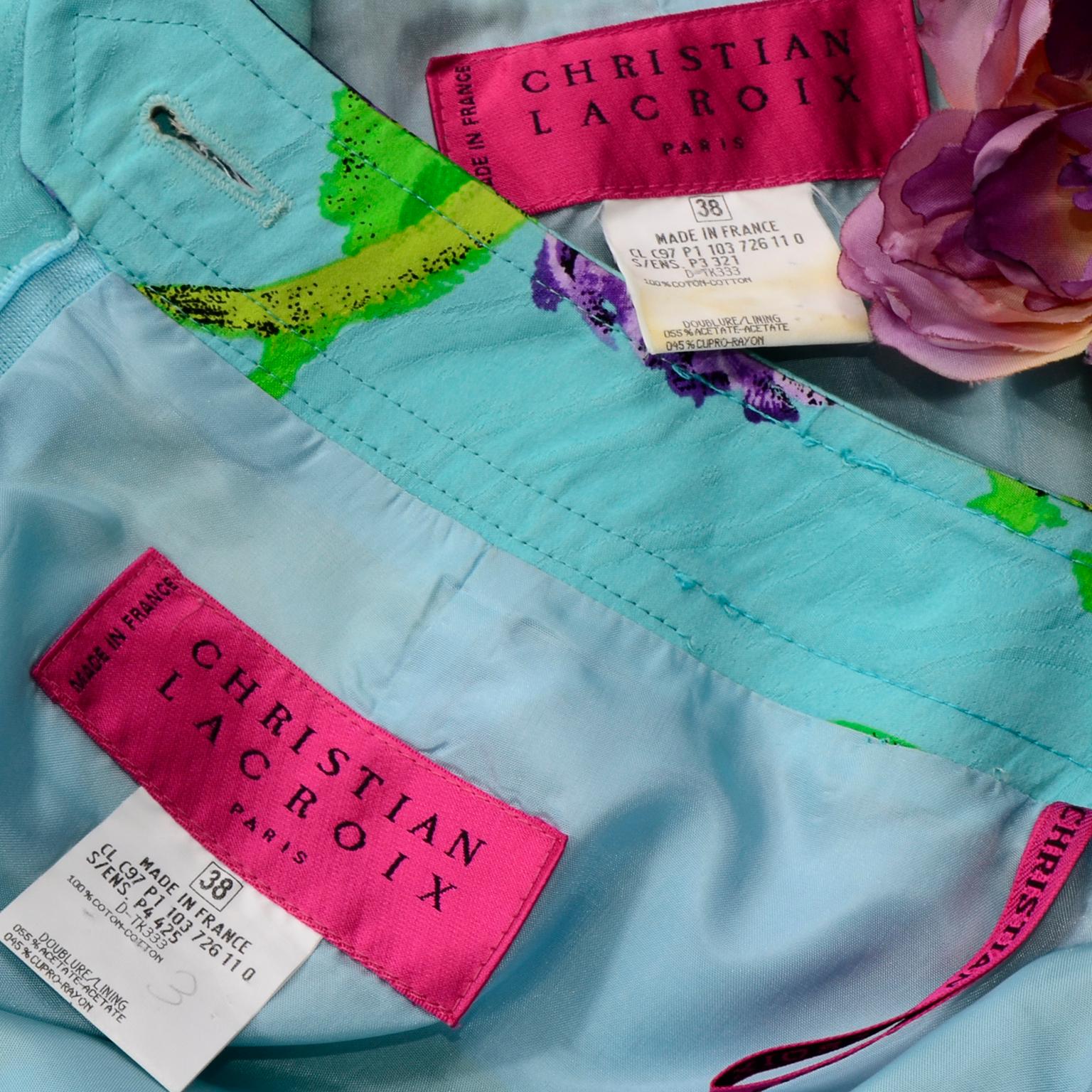 Christian Lacroix - Tailleur mini-jupe vintage avec imprimé floral turquoise coloré en vente 9