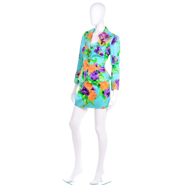 Blue Christian Lacroix Vintage Mini Skirt Jacket Suit Colorful Turquoise Floral Print For Sale
