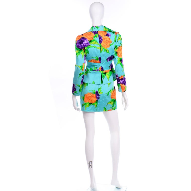 Christian Lacroix Vintage Mini Skirt Jacket Suit Colorful Turquoise Floral Print In Excellent Condition For Sale In Portland, OR