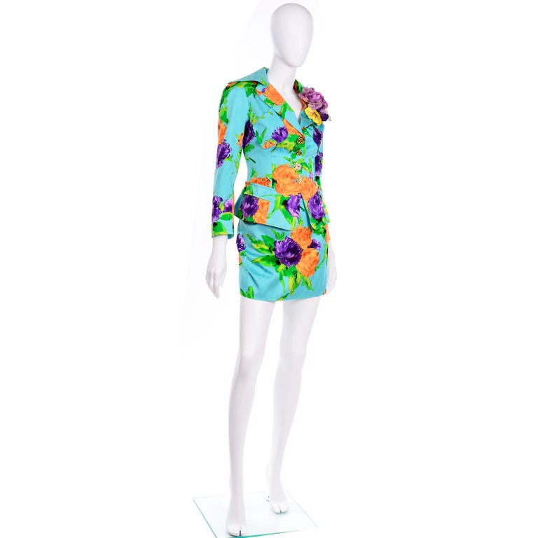 Women's Christian Lacroix Vintage Mini Skirt Jacket Suit Colorful Turquoise Floral Print For Sale