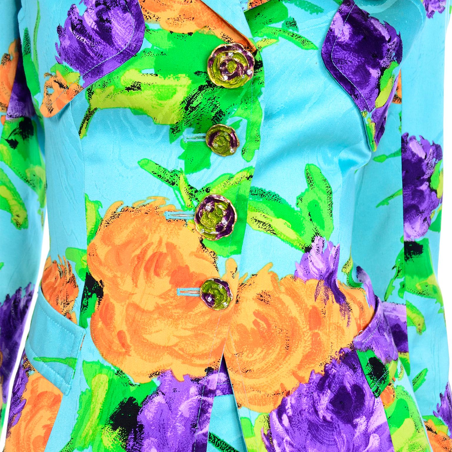 Blue Christian Lacroix Vintage Mini Skirt Jacket Suit Colorful Turquoise Floral Print For Sale
