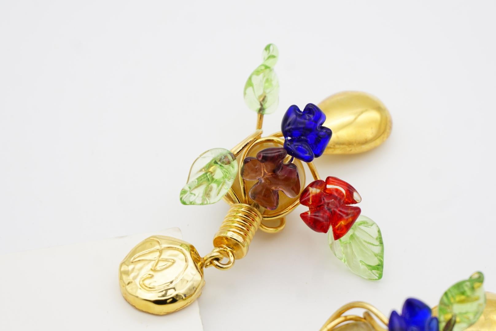 Christian Lacroix Vintage Navy Red Green Brown Glass Floral Leaf Drop Earrings For Sale 5