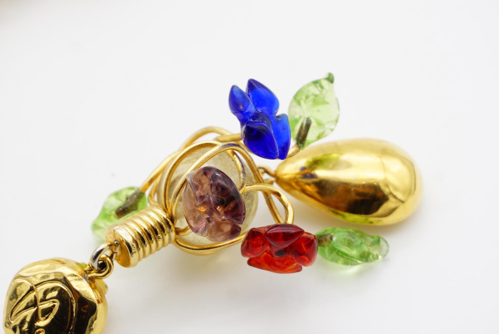 Christian Lacroix Vintage Navy Red Green Brown Glass Floral Leaf Drop Earrings For Sale 6