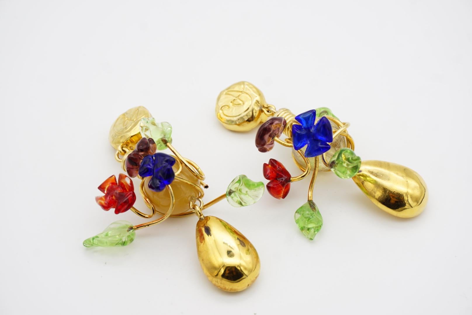 Christian Lacroix Vintage Navy Red Green Brown Glass Floral Leaf Drop Earrings For Sale 7