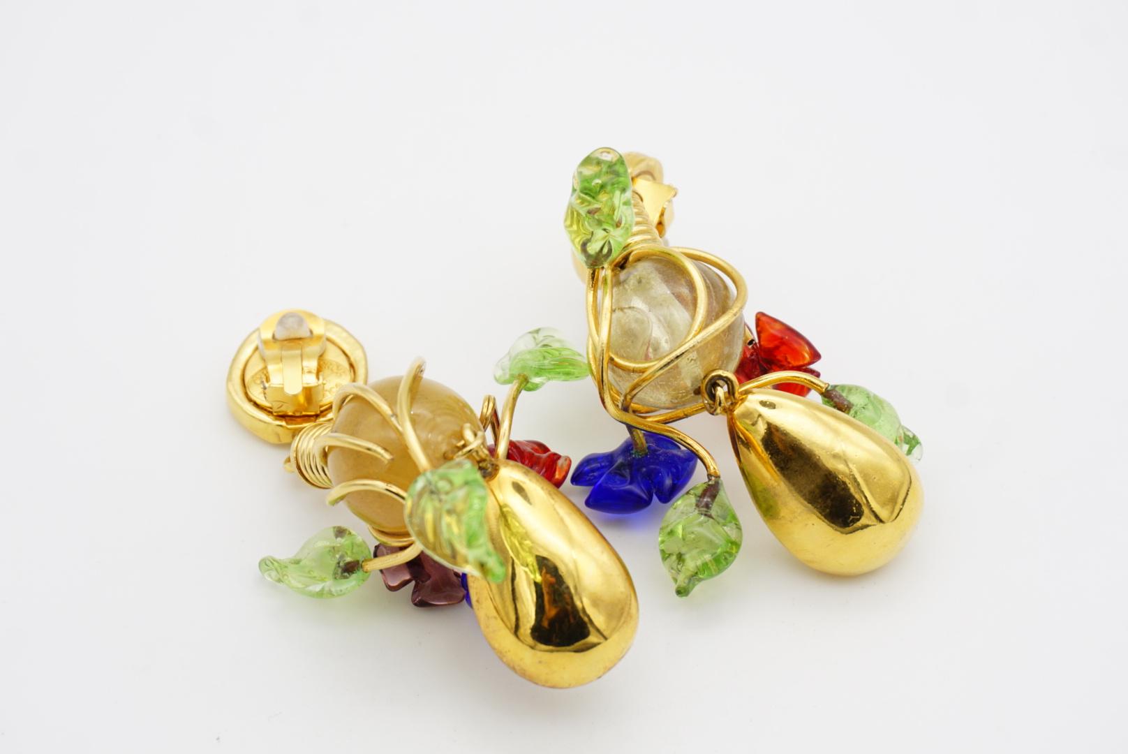 Christian Lacroix Vintage Navy Red Green Brown Glass Floral Leaf Drop Earrings For Sale 8