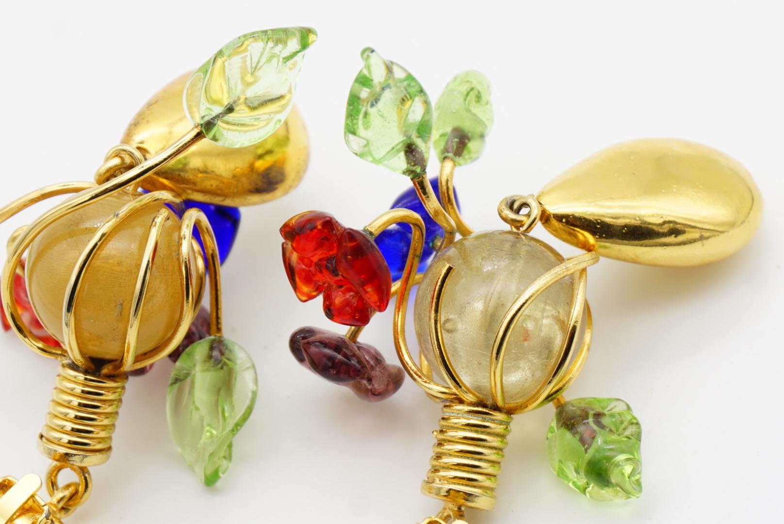 Christian Lacroix Vintage Navy Red Green Brown Glass Floral Leaf Drop Earrings For Sale 9