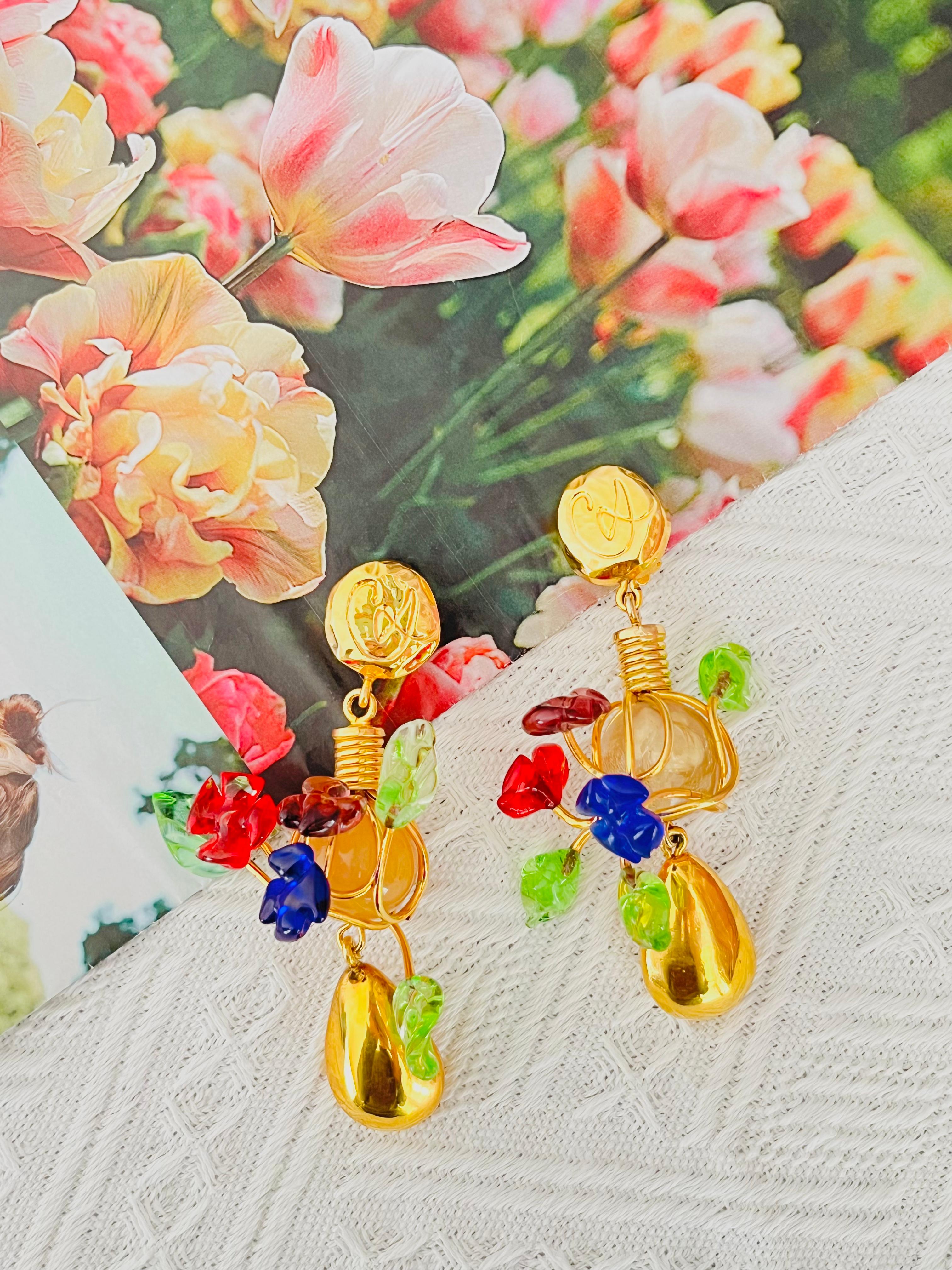 Christian Lacroix Vintage Vivid Fragile Navy Blue Red Green Brown Glass Floral Flower Leaf Circle Round Ball Drop Long Chandelier Elegant Statement Chunky Clip Earrings, Gold Tone

Very good condition. Some bubbles in balls, but this is original.