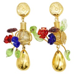 Christian Lacroix Vintage Navy Red Green Brown Glass Floral Leaf Drop Earrings