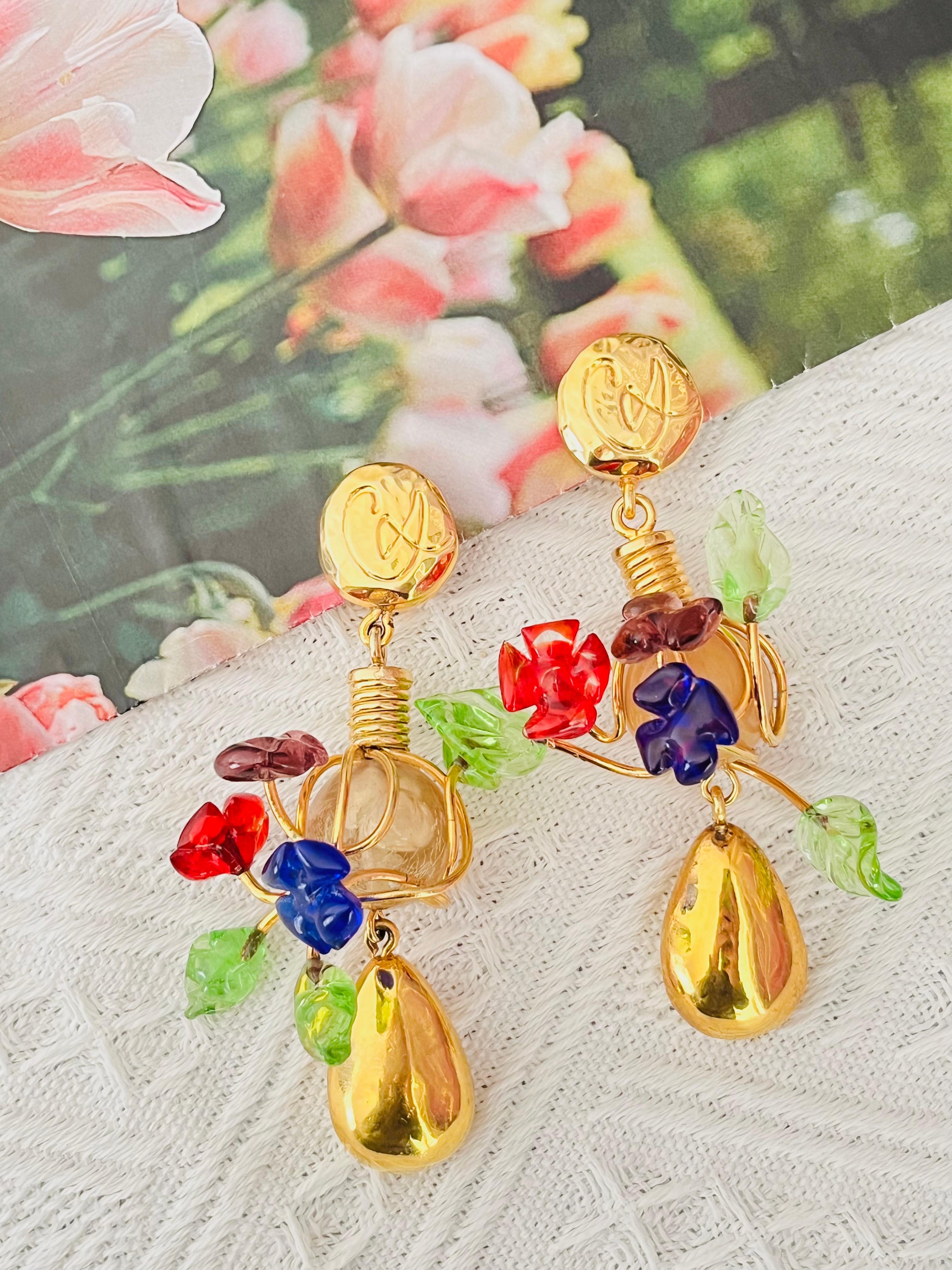 Art Deco Christian Lacroix Vintage Navy Red Green Brown Glass Floral Leaf Drop Earrings For Sale