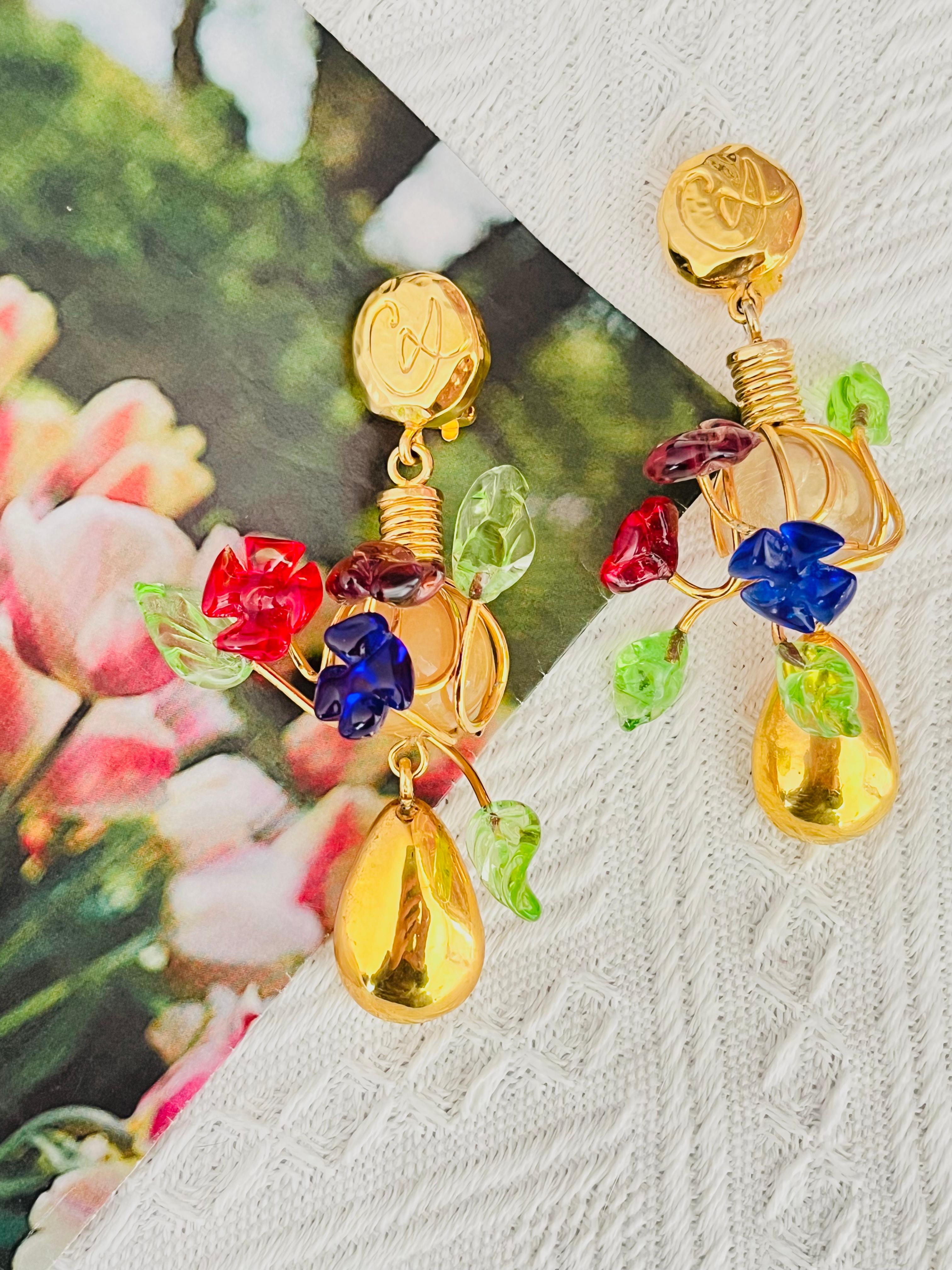 Christian Lacroix Vintage Navy Red Green Brown Glass Floral Leaf Drop Earrings In Good Condition For Sale In Wokingham, England
