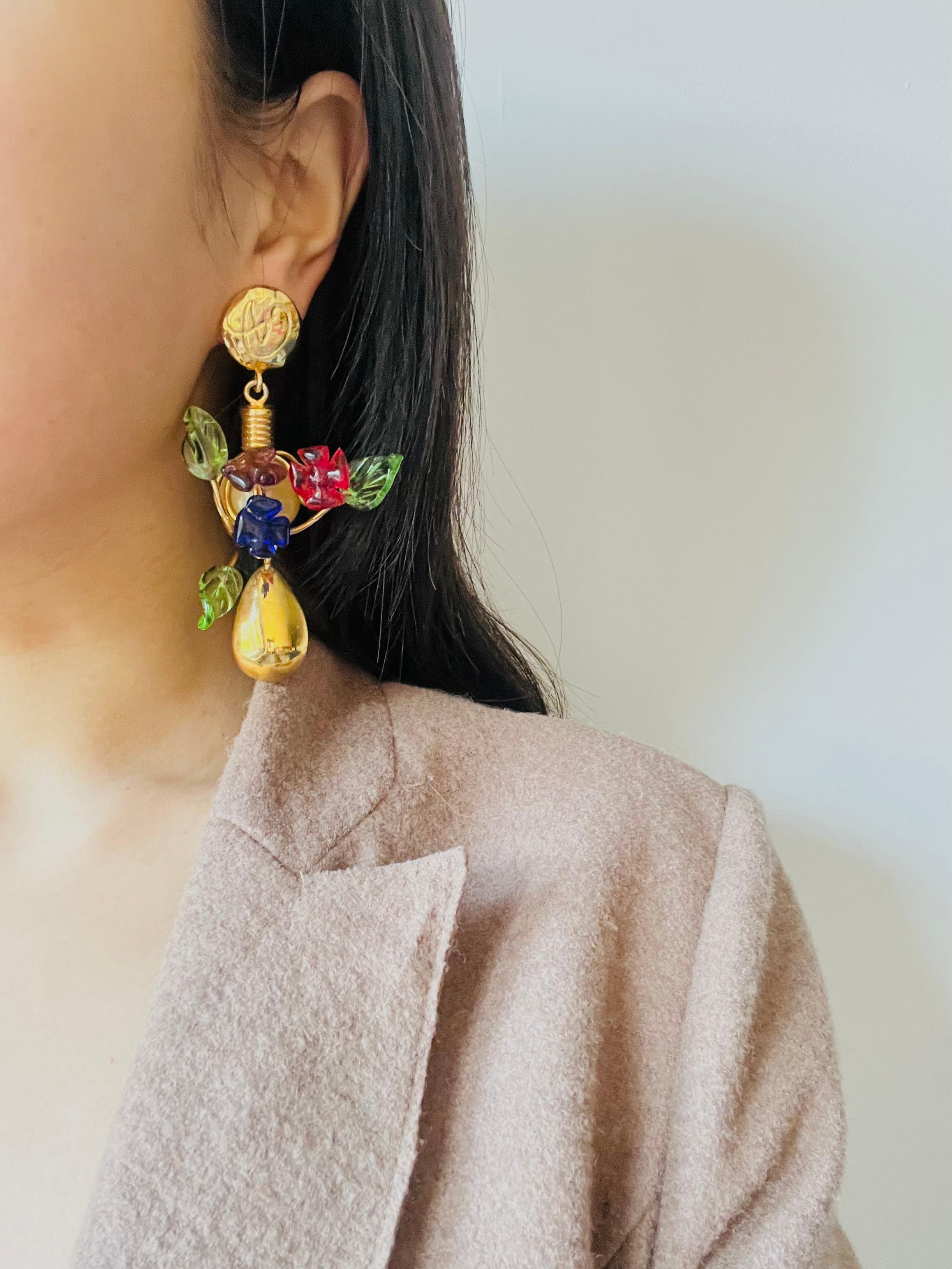 Women's or Men's Christian Lacroix Vintage Navy Red Green Brown Glass Floral Leaf Drop Earrings For Sale