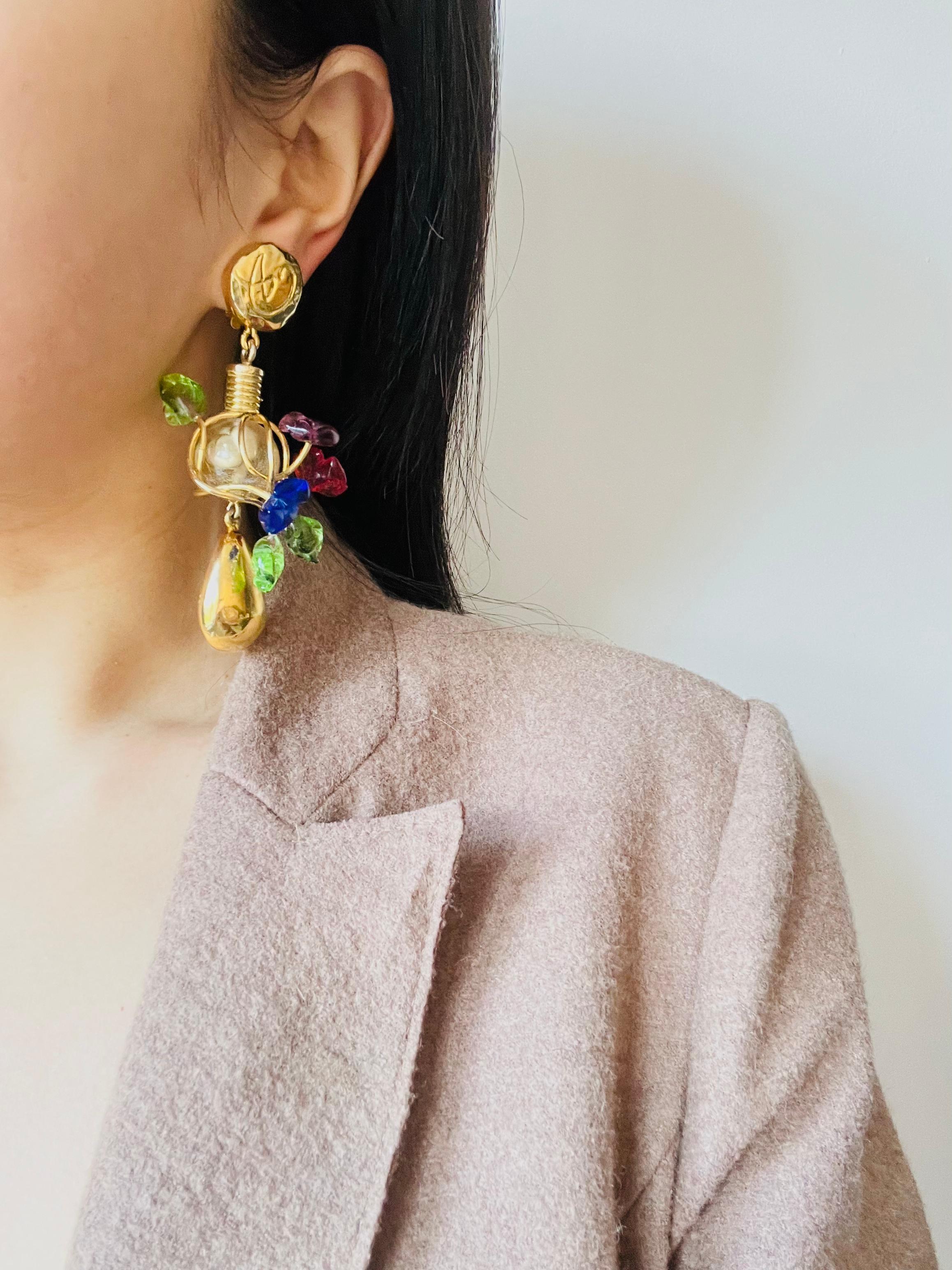 Christian Lacroix Vintage Navy Red Green Brown Glass Floral Leaf Drop Earrings For Sale 1