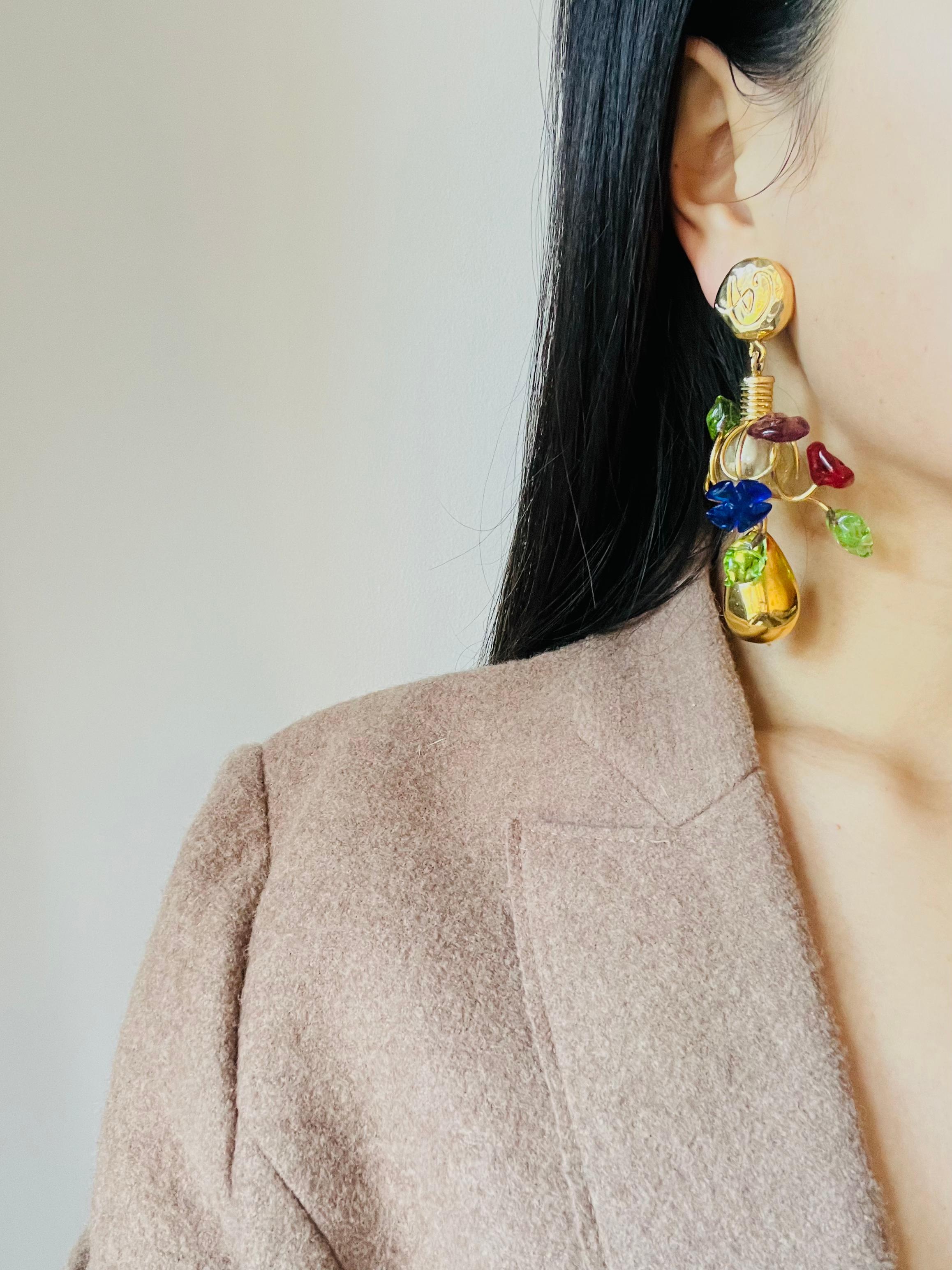 Christian Lacroix Vintage Navy Red Green Brown Glass Floral Leaf Drop Earrings For Sale 2