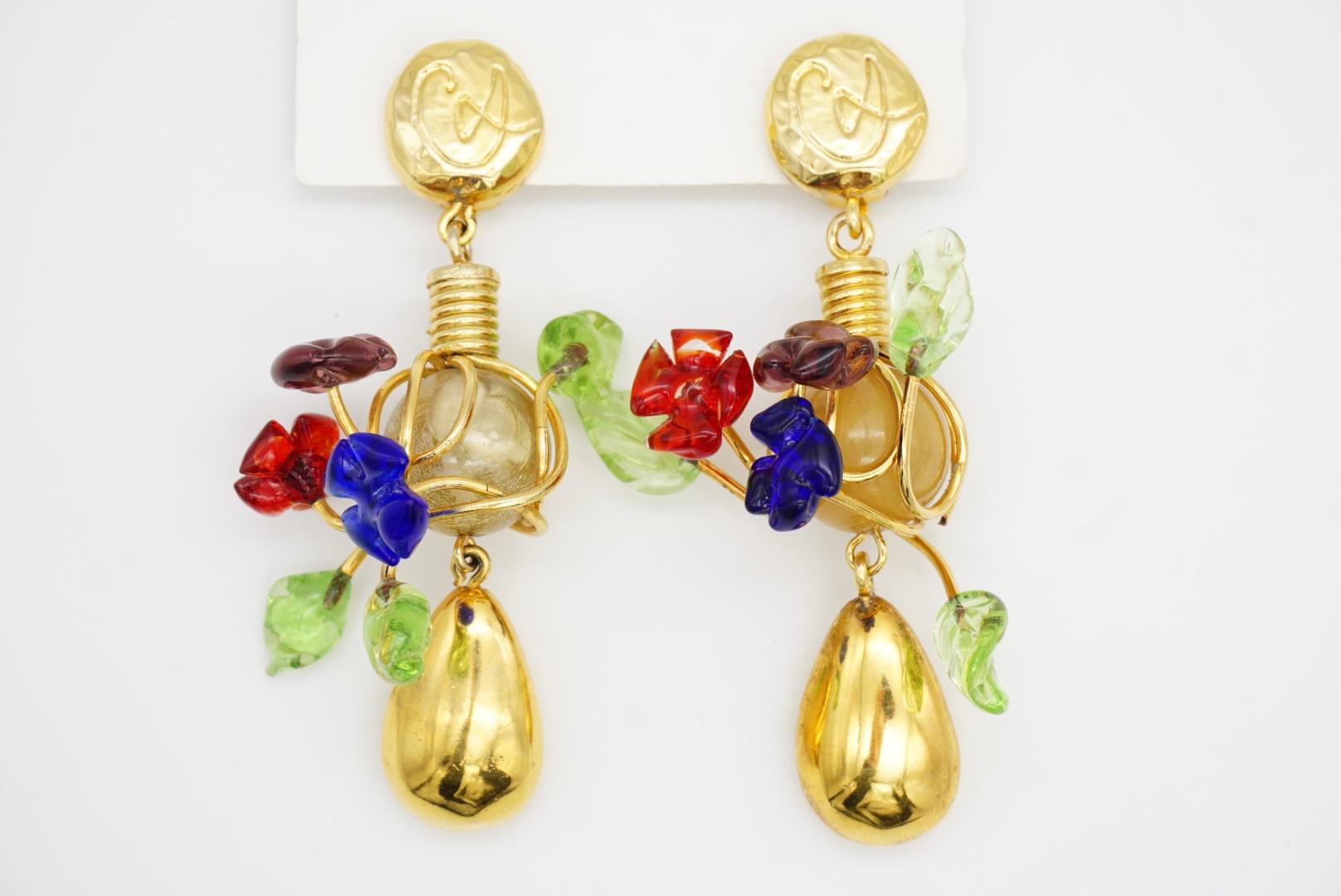 Christian Lacroix Vintage Navy Red Green Brown Glass Floral Leaf Drop Earrings For Sale 3
