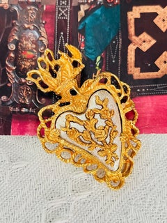 Christian Lacroix Vintage Noel 1997 Relief Rose Flame Heart Silver Gold Brooch