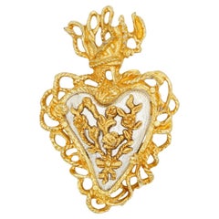 Christian Lacroix Vintage Noel 1997 Relief Rose Flame Heart Silver Gold Brooch