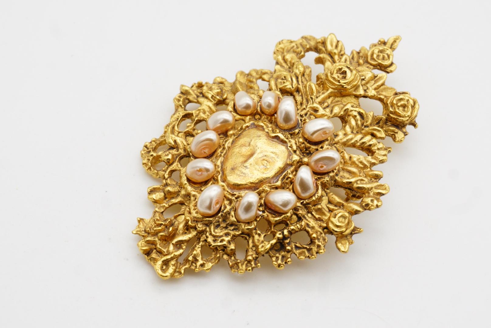 Christian Lacroix Vintage Noel 1998 Large Openwork Pearls Face Mask Rose Brooch For Sale 5