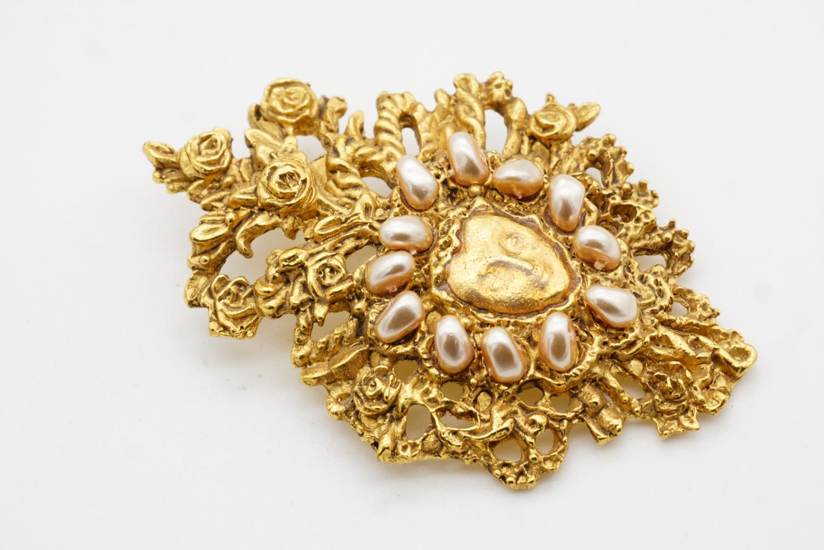 Christian Lacroix Vintage Noel 1998 Large Openwork Pearls Face Mask Rose Brooch For Sale 6