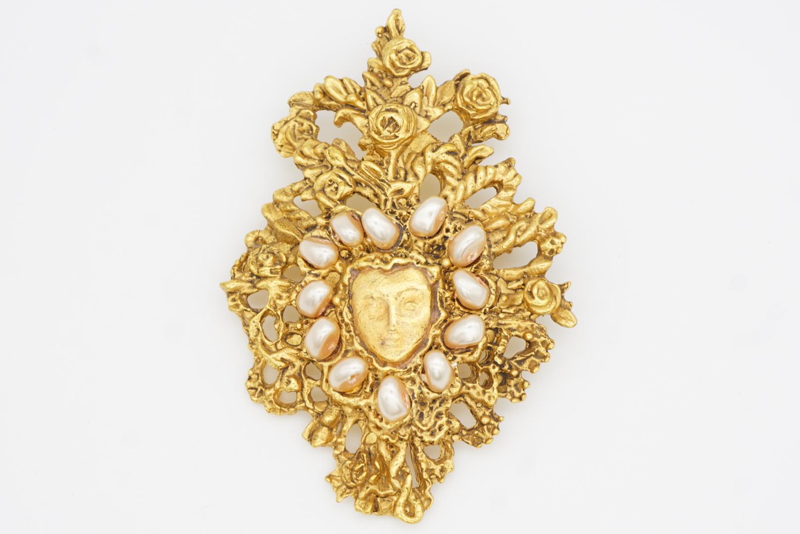 Christian Lacroix Vintage Noel 1998 Large Openwork Pearls Face Mask Rose Brooch For Sale 4
