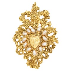 Christian Lacroix Vintage Noel 1998 Large Openwork Pearls Face Mask Rose Brooch