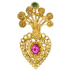Christian Lacroix grande broche vintage Noel 90 avec cœur améthyste émeraude ajourée