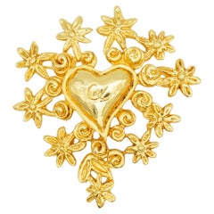 Christian Lacroix Vintage Noel 93 Large Gold Heart Logo Flower Openwork Brooch