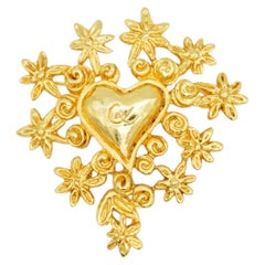 Christian Lacroix Vintage Noel 93 Large Gold Heart Logo Flower Openwork Brooch