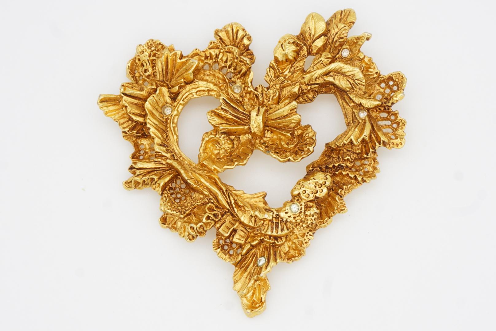 Christian Lacroix Vintage Noel 95 Heart Flower Leaf Bow Crystal Openwork Brooch For Sale 3