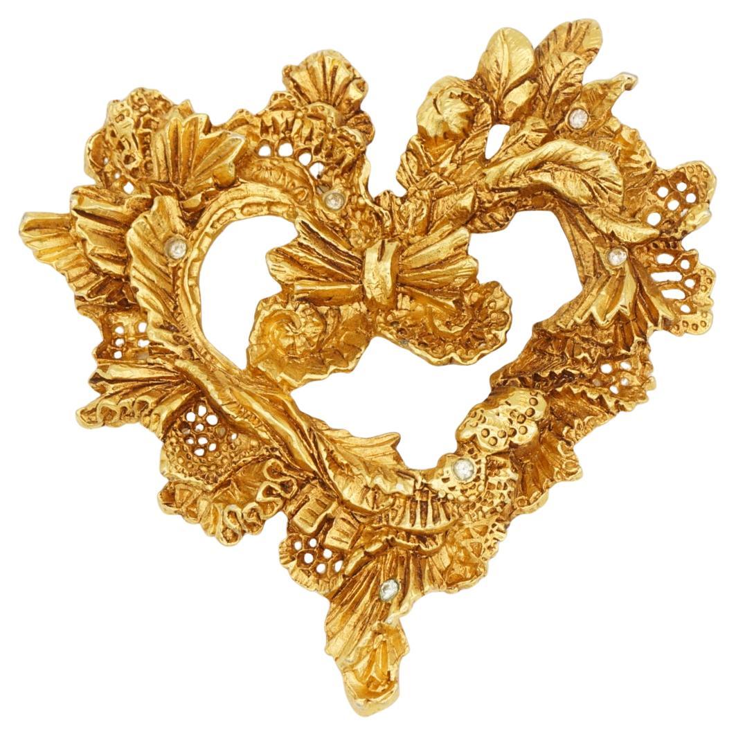 Christian Lacroix Vintage Noel 95 Heart Flower Leaf Bow Crystal Openwork Brooch For Sale