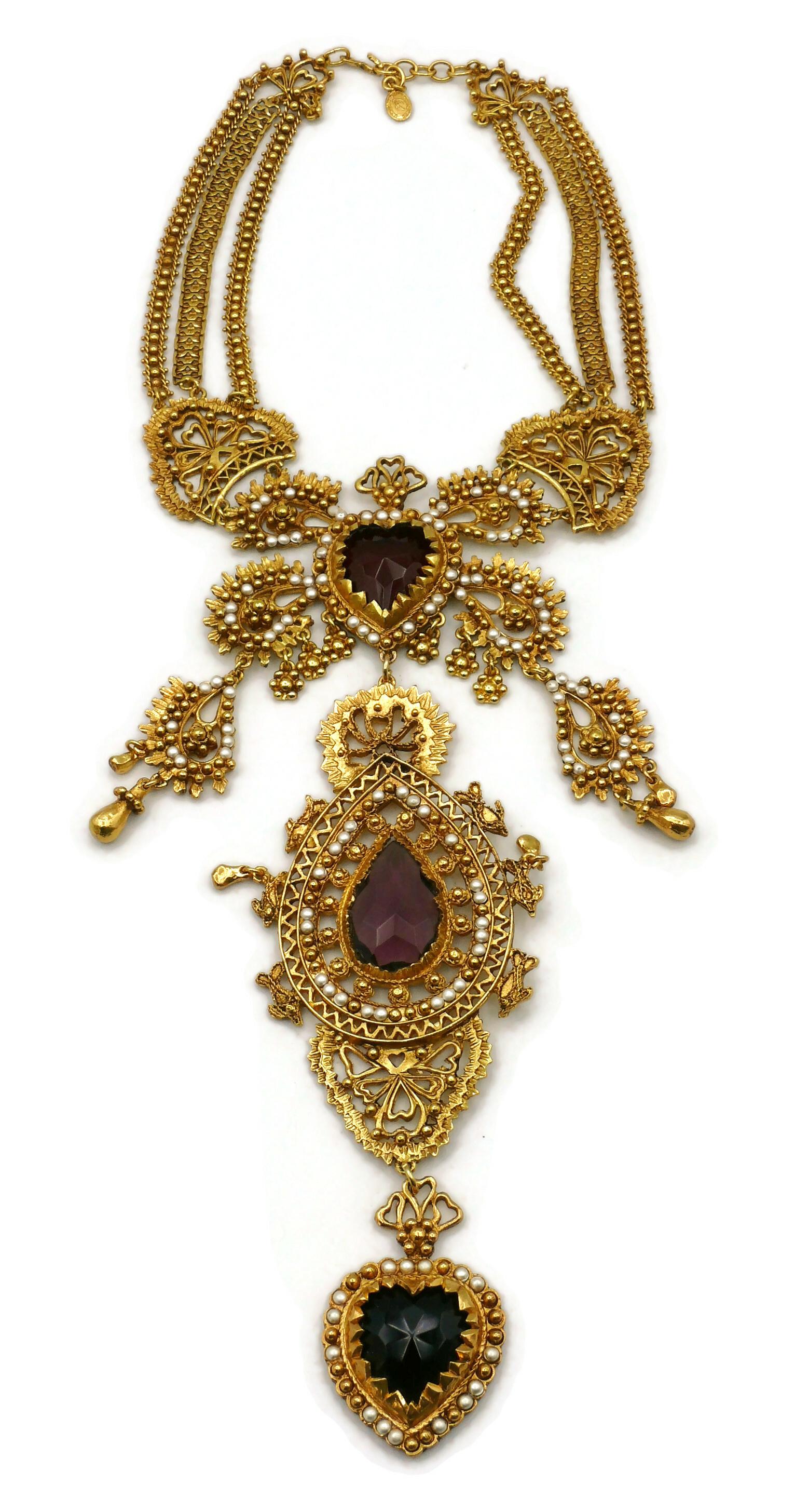 CHRISTIAN LACROIX Vintage Opulent Ex Voto Sacred Heart Boteh Plastron Necklace In Good Condition For Sale In Nice, FR