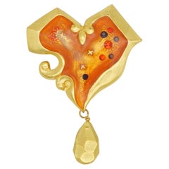 Christian Lacroix Vintage Orange Crystals Heart Enamel Dangle Tear Drop Brooch