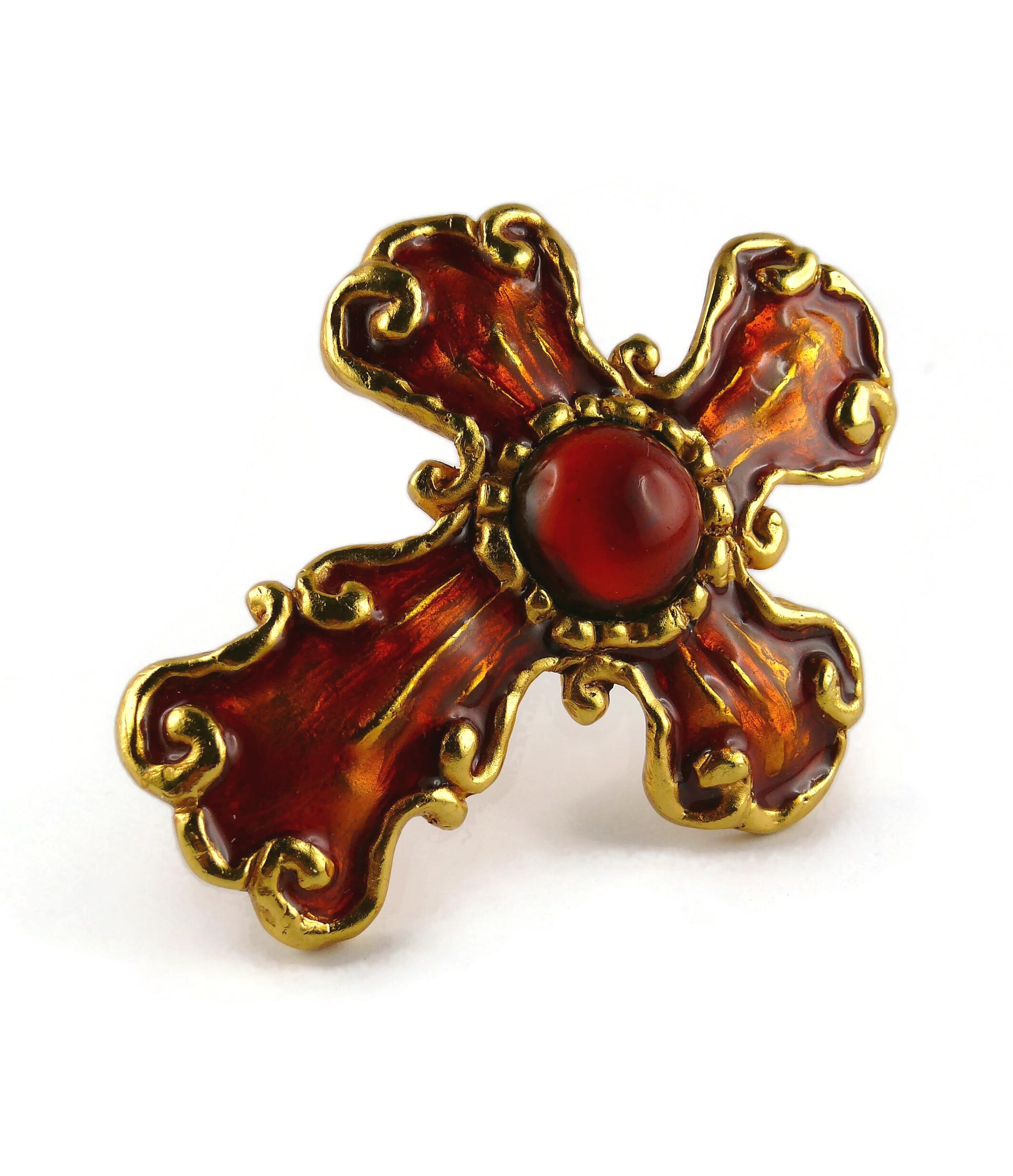 Christian Lacroix Vintage Orange Enamel Glass Cabochon Cross Brooch Pendant In Good Condition For Sale In Nice, FR