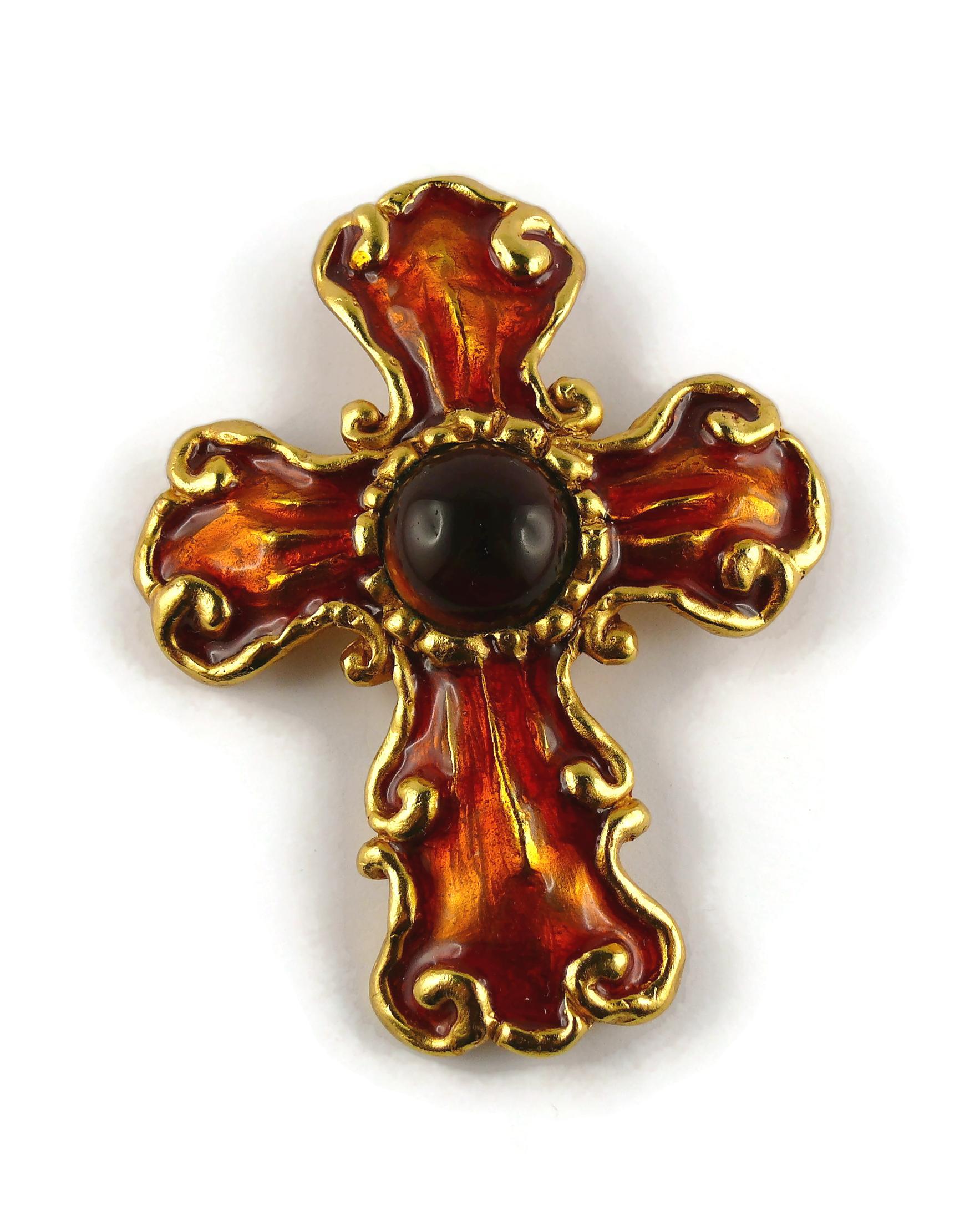Christian Lacroix Vintage Orange Enamel Glass Cabochon Cross Brooch Pendant For Sale 1