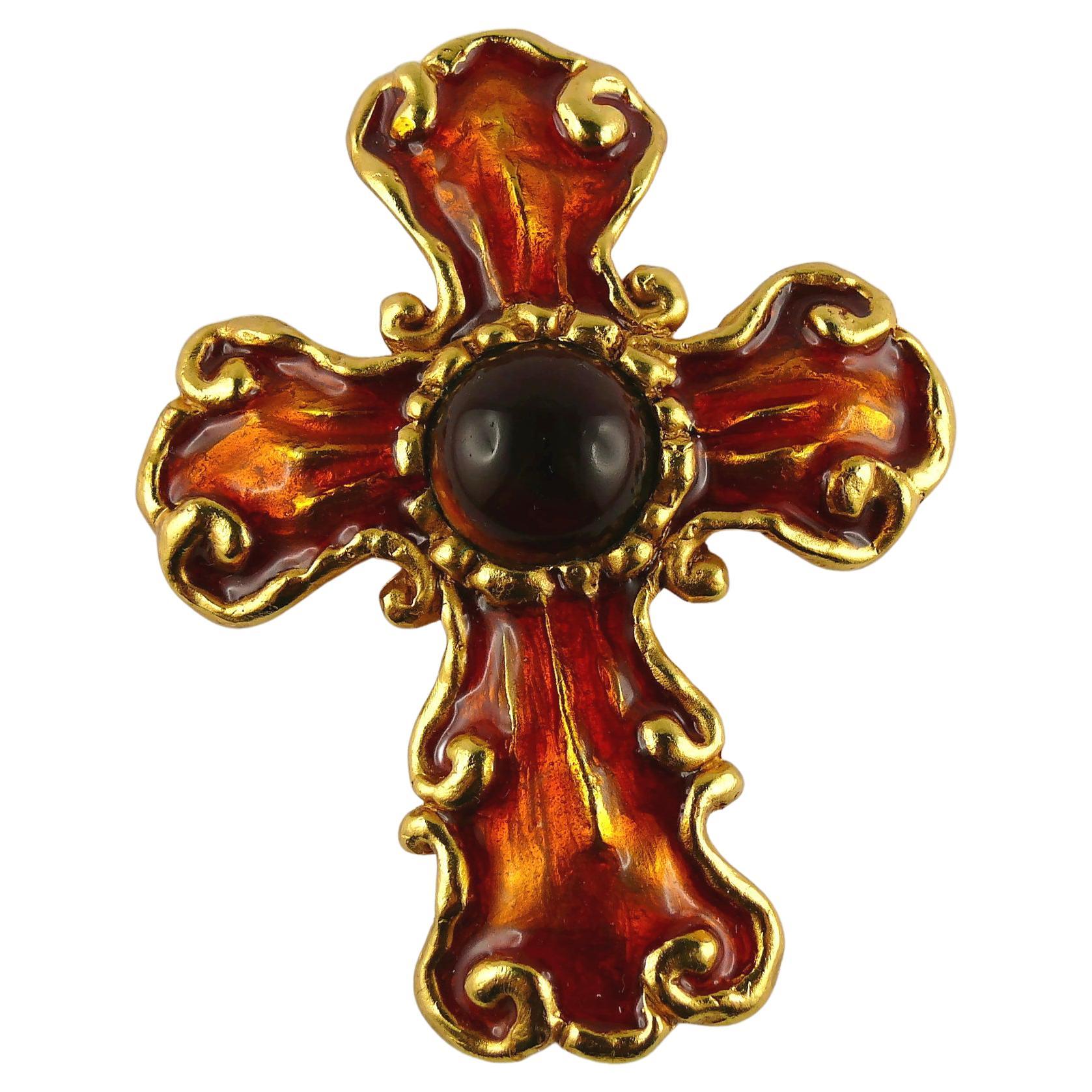 Christian Lacroix Vintage Orange Enamel Glass Cabochon Cross Brooch Pendant For Sale