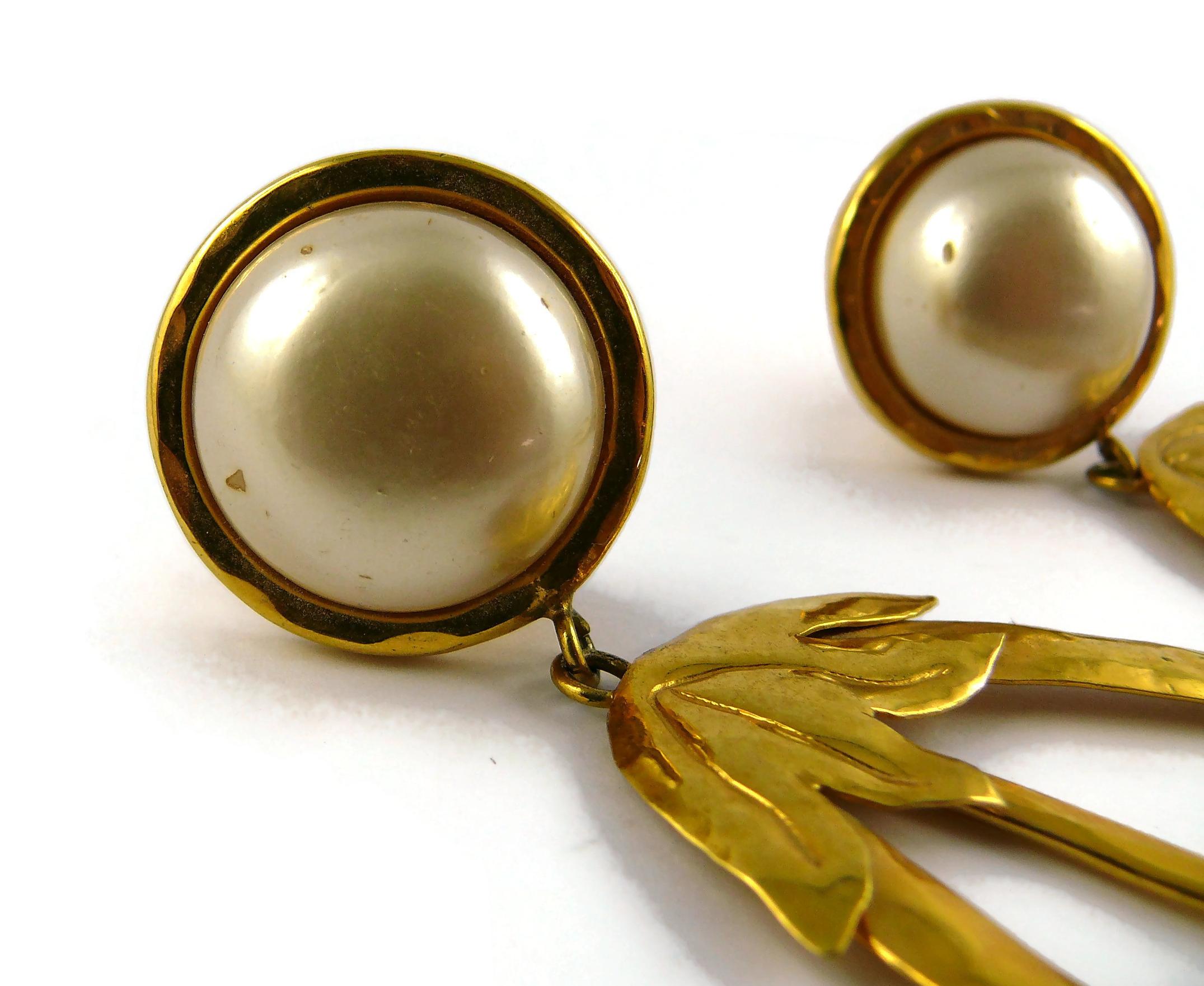 Christian Lacroix Vintage Oversized Gold Toned Flower Pearl Dangling Earrings For Sale 8