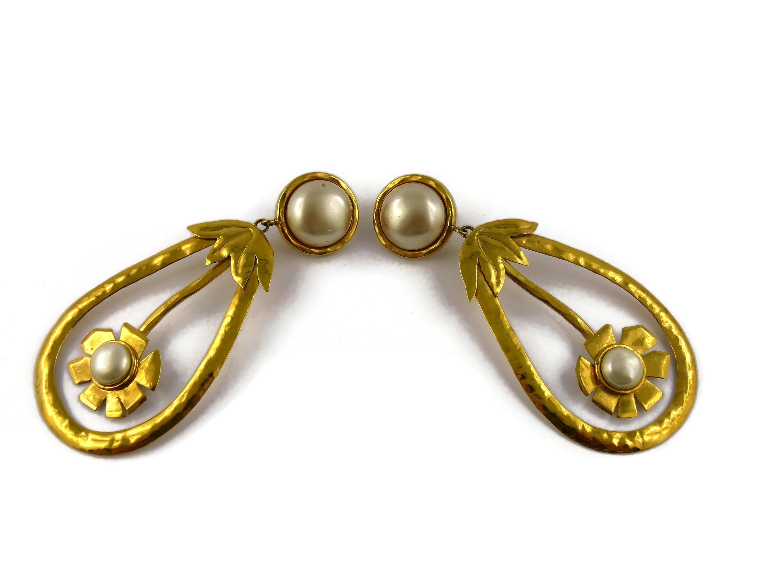 Women's Christian Lacroix Vintage Oversized Gold Toned Flower Pearl Dangling Earrings For Sale