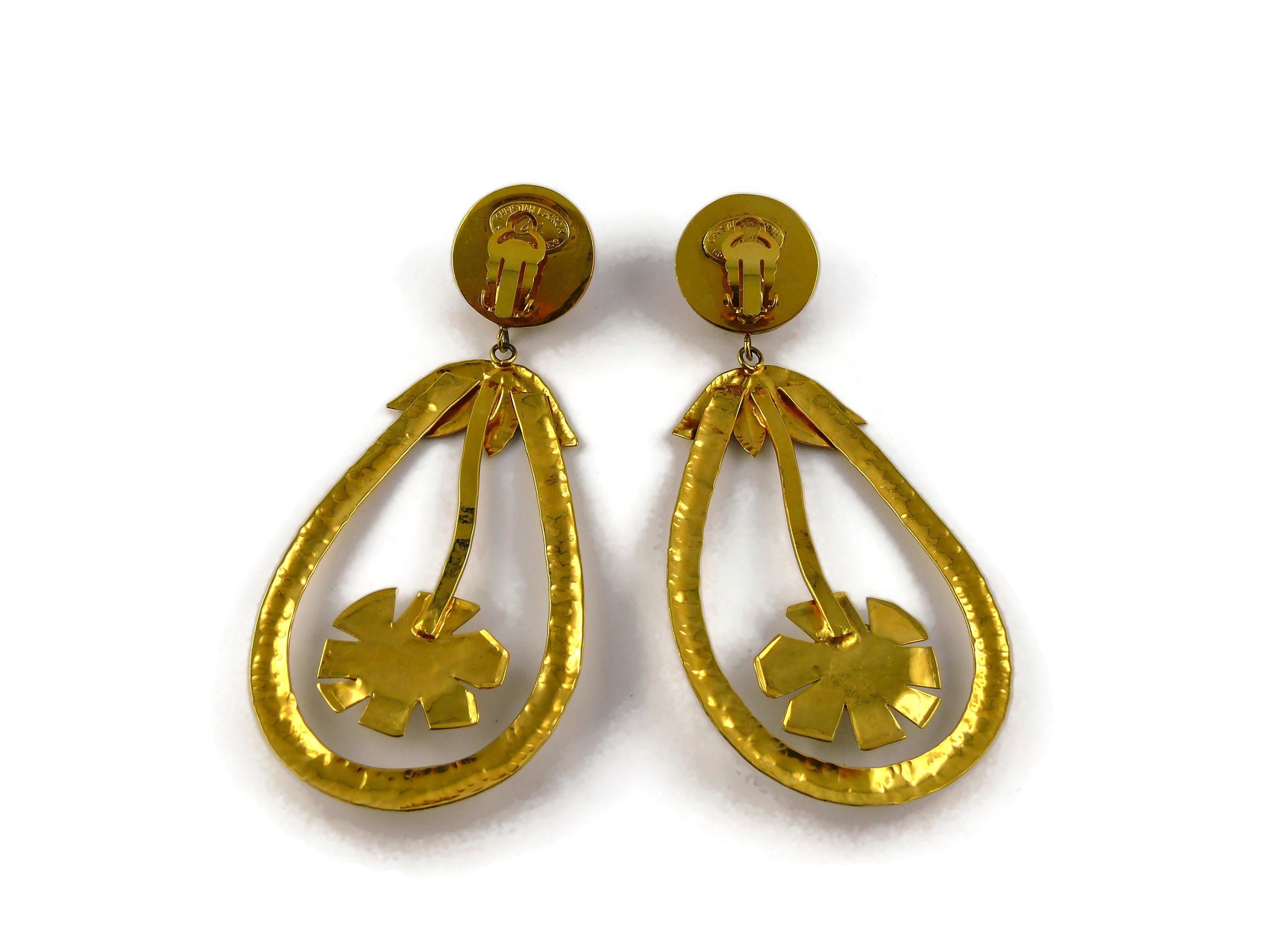 Christian Lacroix Vintage Oversized Gold Toned Flower Pearl Dangling Earrings For Sale 2