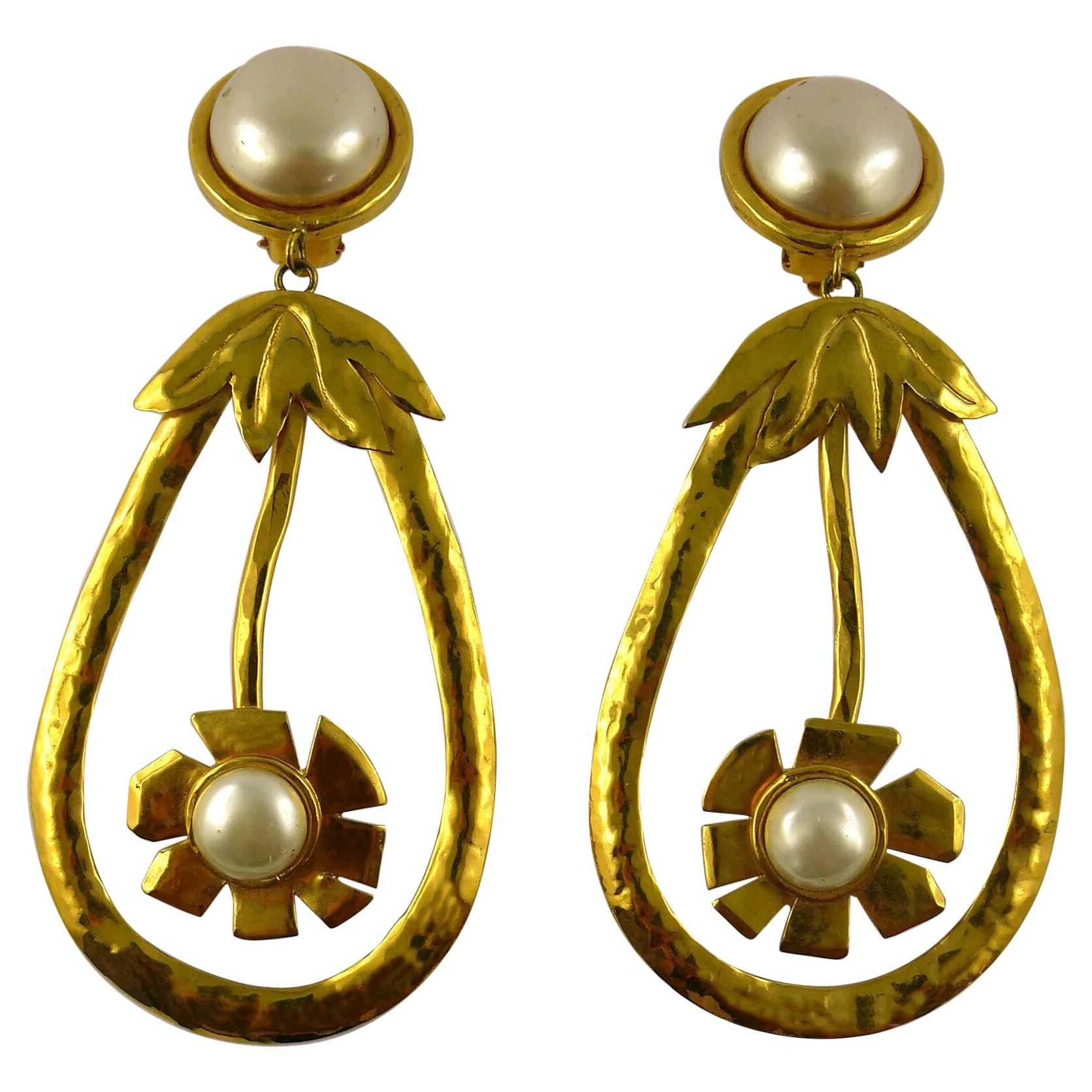 Christian Lacroix Vintage Oversized Gold Toned Flower Pearl Dangling Earrings For Sale